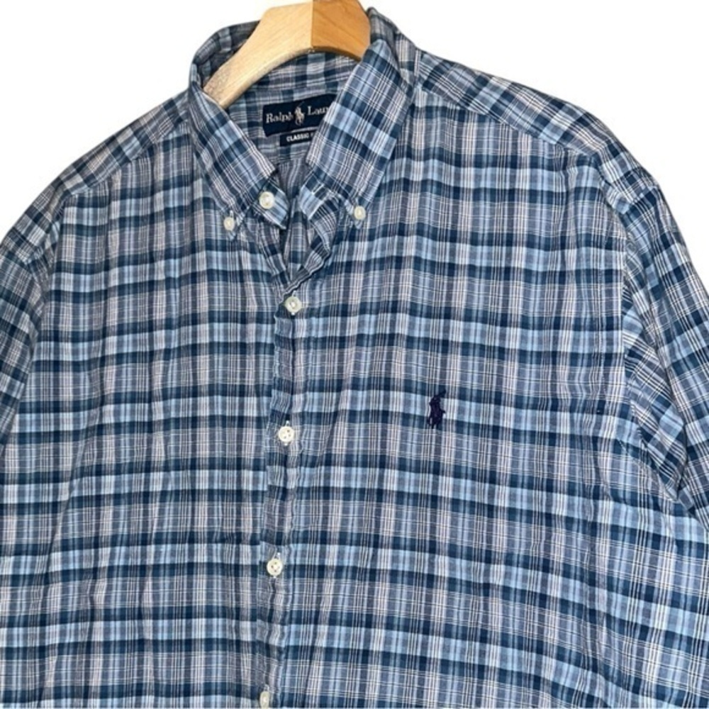 Ralph Lauren XL Blue Plaid Classic Fit Blue Pony Short Sleeve Button Down Shirt